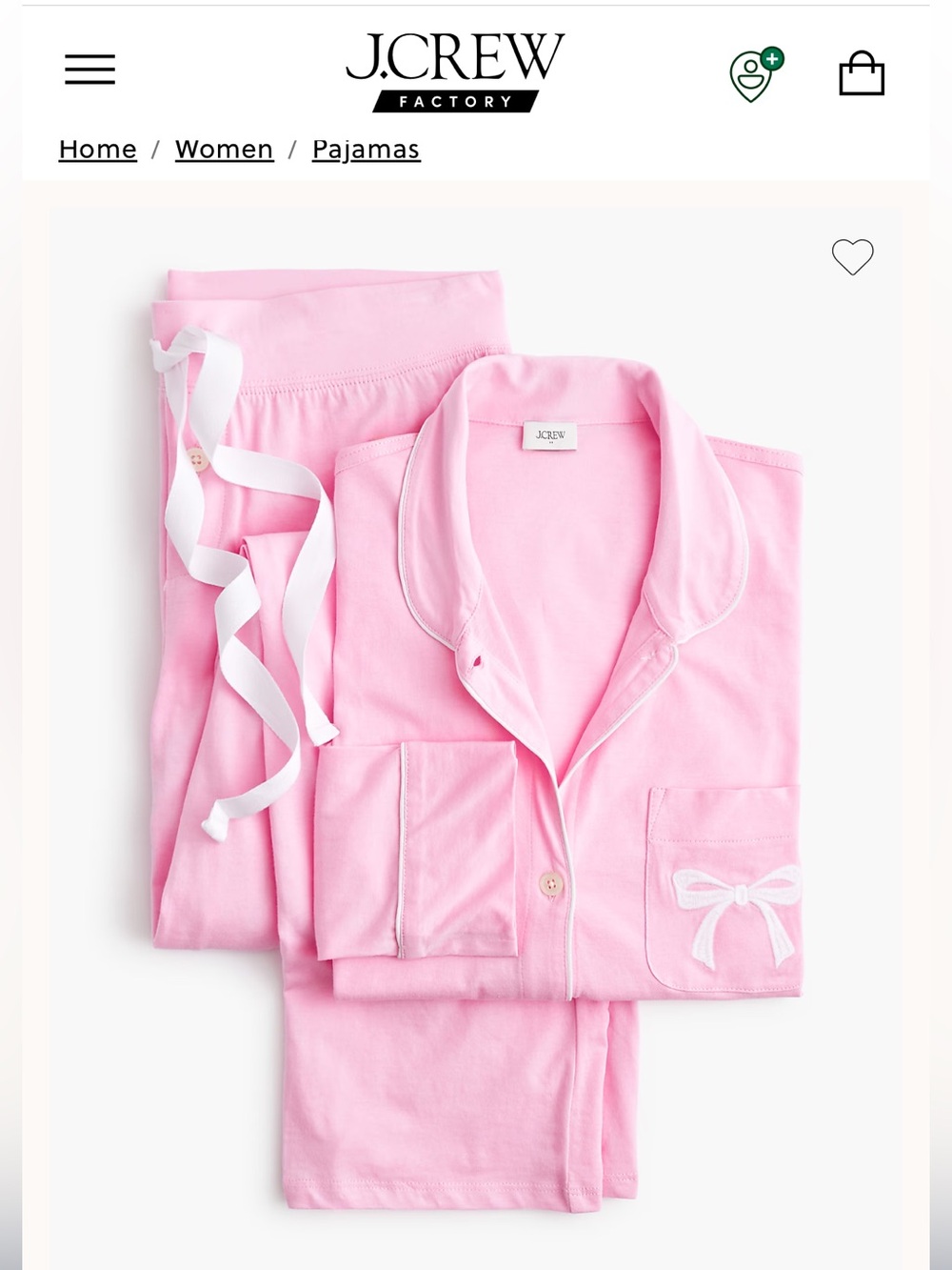 J. Crew Factory Light Pink Pajama Set with Embroidered Bow Detail